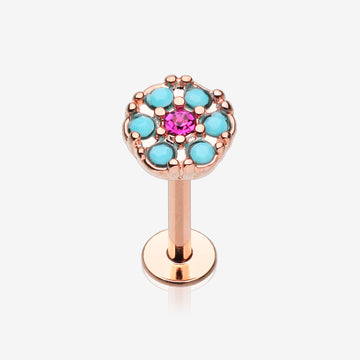 Rose Gold Turquoise Boho Circle Sparkle Top Steel Labret-Turquoise/Fuchsia